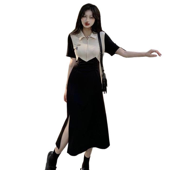 Color Block Polo Neck Slimming Dress with Waist-cinching Zipper and Slit for Women - Summer Collection
