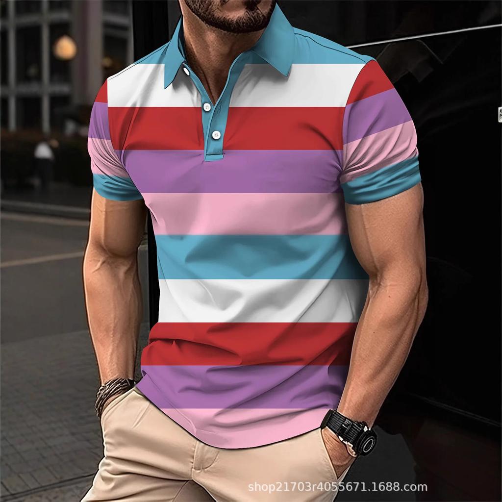 Casual Striped Short-sleeve Polo Shirt, Men's Daily Wear Essential.