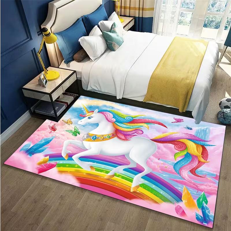 1pc Whimsy Woods Unicorn Area carpet, Cartoon Fantasy Horse Mat for Bedroom, Living Room Entryway - Machine Washable Decor Rugs