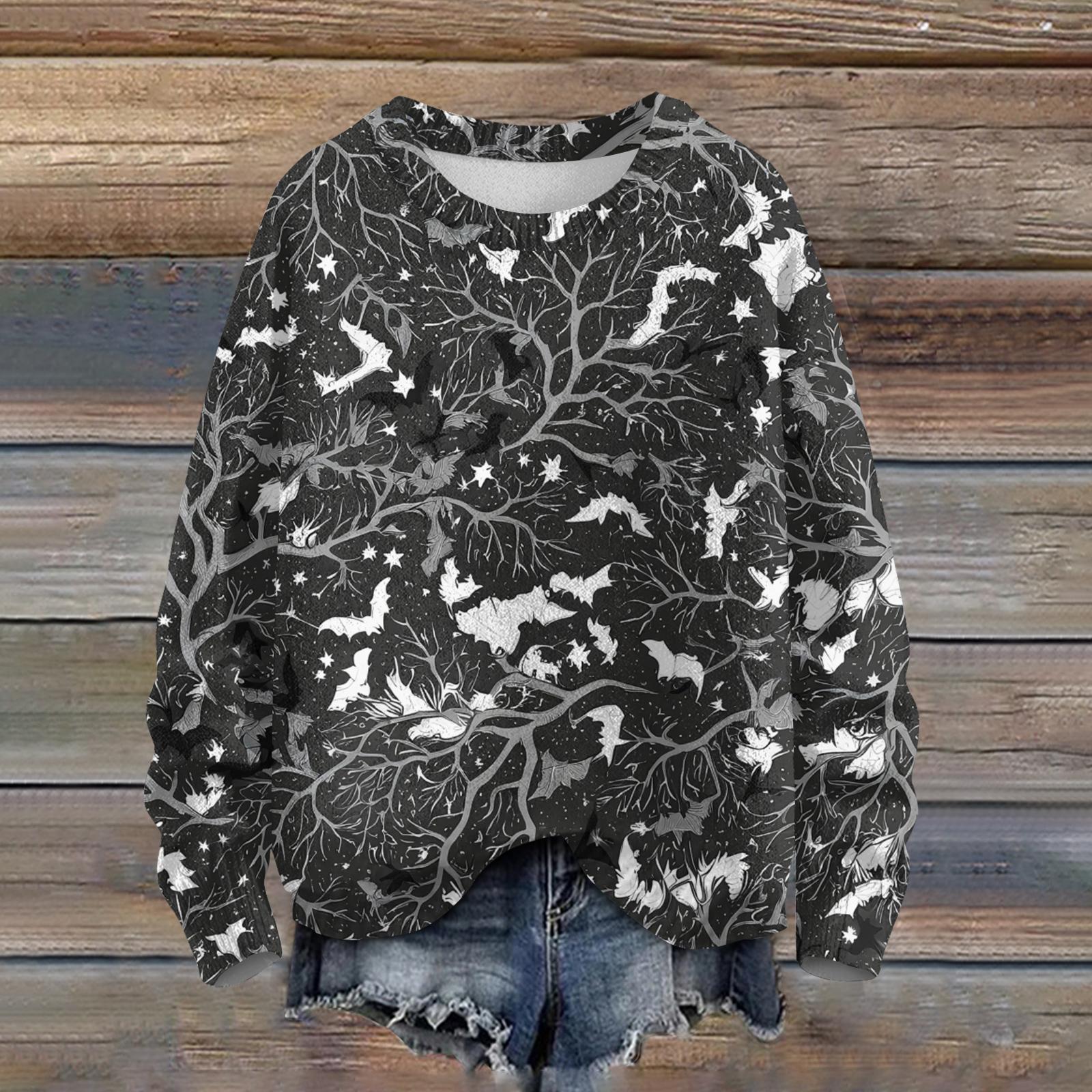 

Женский модный повседневный трикотажный пуловер с длинным рукавом и круглым вырезом с принтом на Хэллоуин XXL чёрный