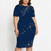 Women Plus Size Round Neck Short Sleeve Navy Blue Printed Asymmetric Top Fitted Skirt Two Piece Set