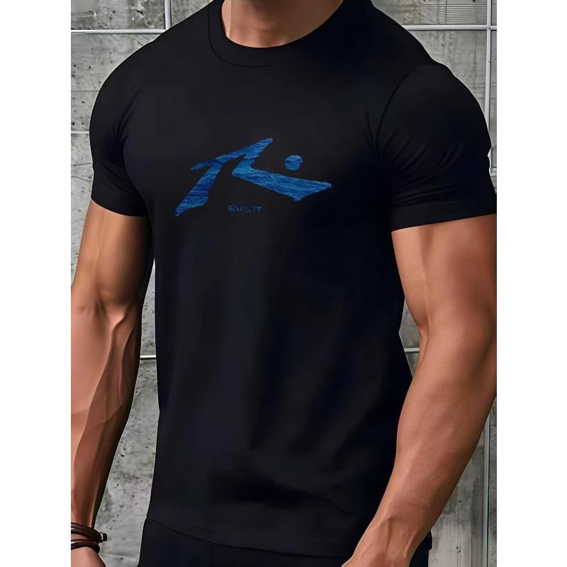 Men's Printed Round-neck T-shirt , RUSTY Logo Pattern, Round-neck T-shirt, Street Skateboarding, Trendy Outfit,Surfing Trend Men's Short-sleeved Shirt