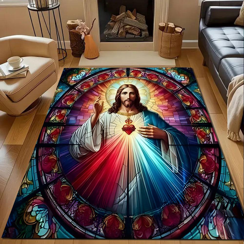 Stained Glass Sacred Heart Design Patterned Carpet, Non Slip Mat Suitable for Living Room and Bedroom Sofas