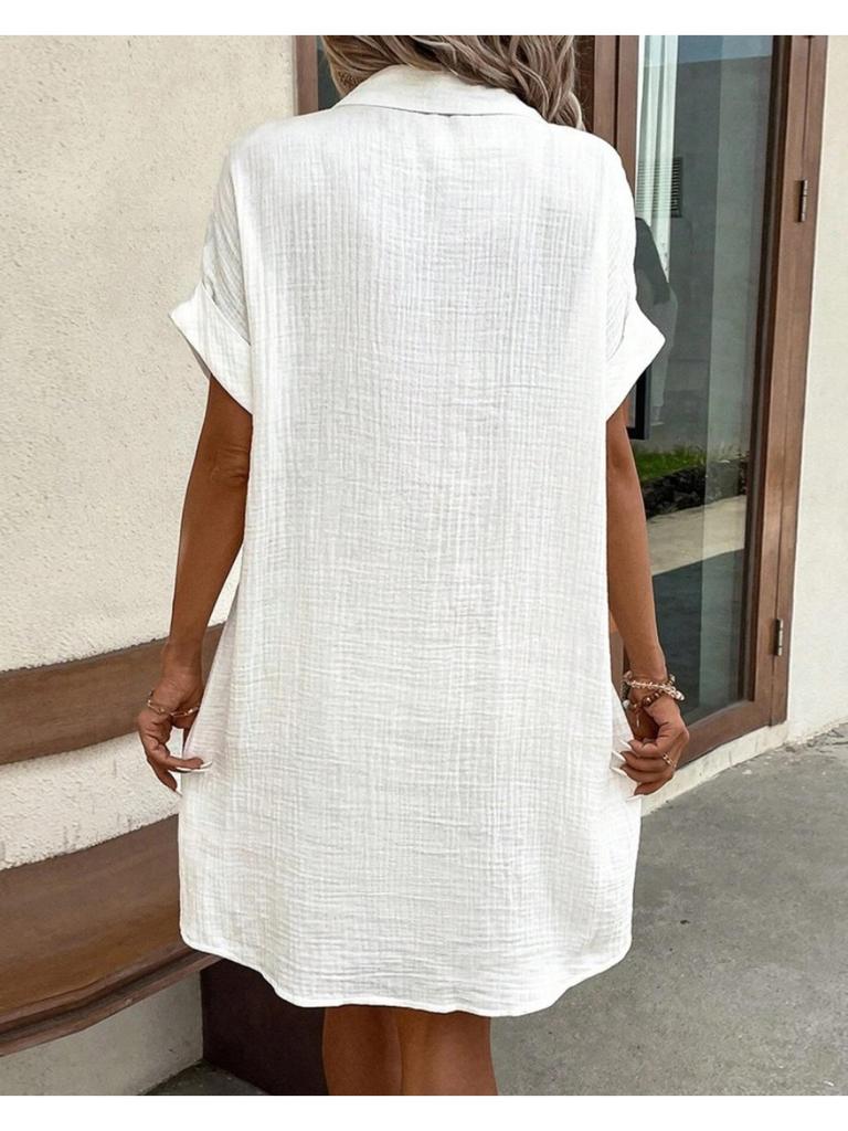 V Collar Solid Color Button Dress High Waist Elegant  Shirt Dress for Women Short Sleeve Loose Dresses Causal Dress