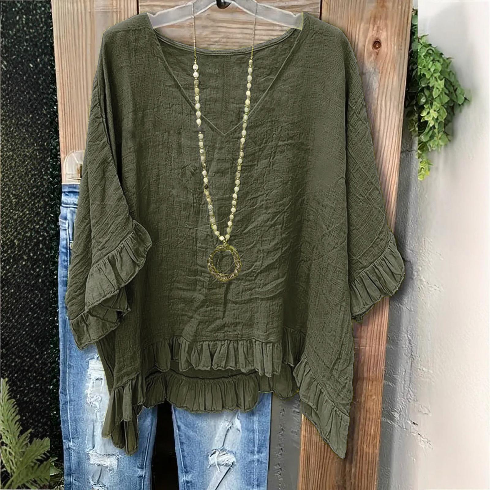 

Women s Fashionable Color Loose Ruffle V-neck Short Sleeved Casual T-shirt Top L армия зеленый