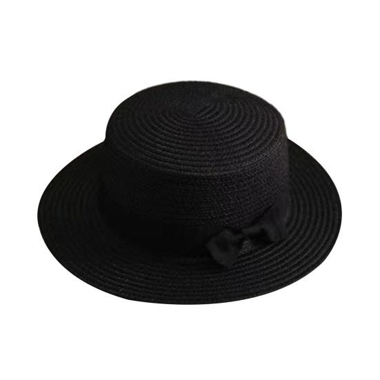 Beach Straw Hat Flat Top Wide Brim Sun Protection Hat with Black Ribbon Bow Hand-Woven Breathable Summer Hat