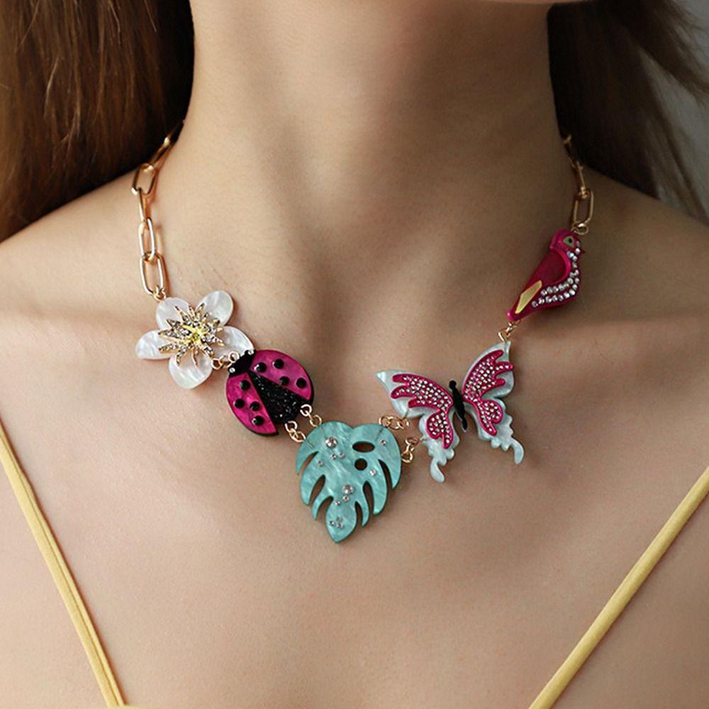 Insects Acrylic Flower Necklace Butterfly Flower Clavicle Chain Colorful Rhinestone Necklace  Gift