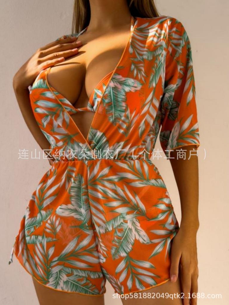 Swimsuit Beach Sunscreen Tropical Plant Printed Blouse Swimsuit Women's Three-piece Neck Bikini
