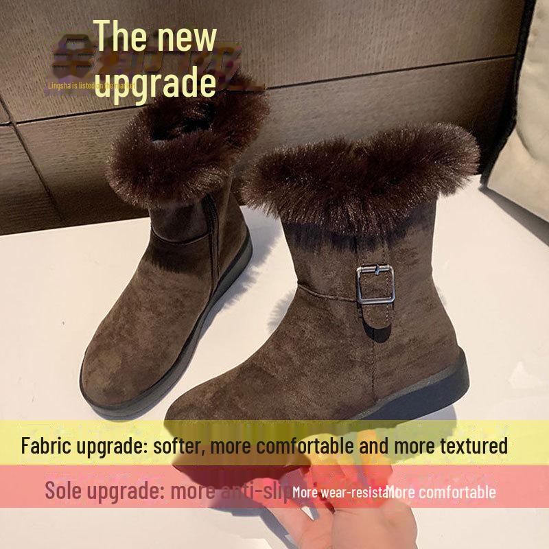 Women's  Retro Suede Fur Snow Boots: Soft, Non-Slip, Short, Velvet-Lined, Thick Warm Cotton.