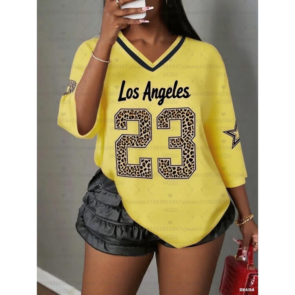 Printed V-neck short sleeved T-shirt, summer pattern T-shirt, baseball shirt, plus size sports T-shirt