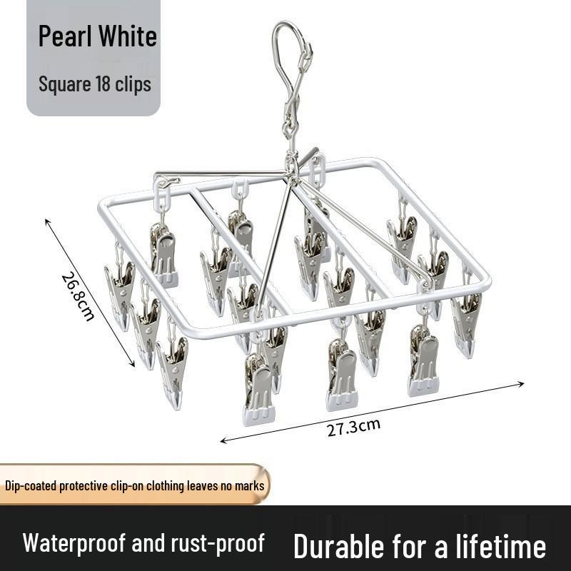 Rotatable Stainless Steel Clothes Drying Rack with 18 Windproof Rubber-Coated Clips for Socks and Underwear