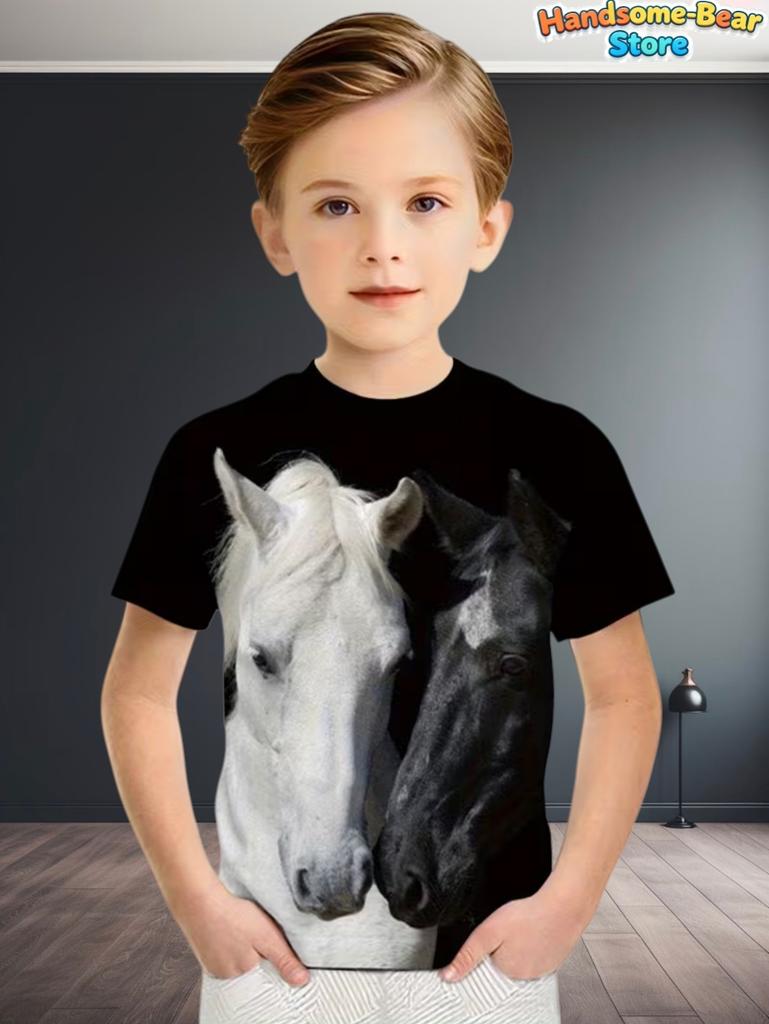 Children's Clothing Boys T-Shirt 3D Horse Print Short Sleeve Fashion Kids Summer Clothes Casual Child Girls Clothing O-Neck Tops