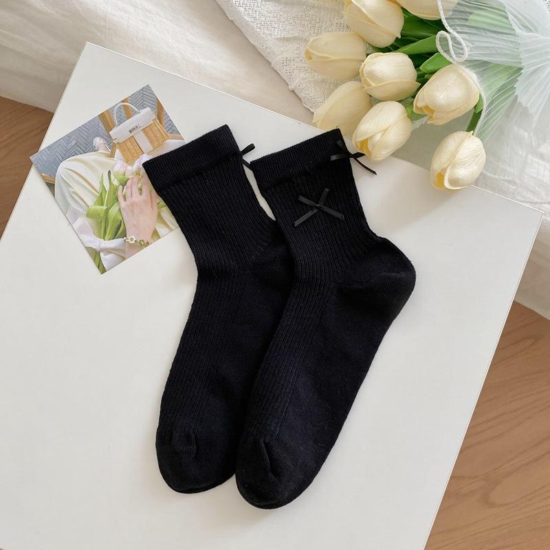 Mesh Breathable And Standardized Double Bow Solid Color Short Socks For Women Versatile White Thin Women'S Socks