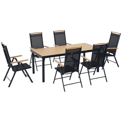 Outdoor Garden Furniture Set 6 People, Aluminium Frame, Table 190 Cm, 6 Foldable and Reclining Chairs, Black