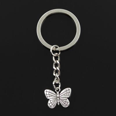 Fashion 30mm Key Ring Metal Key Chain Keychain Jewelry Antique   Plated Double Sided Butterfly 18x14mm Pendant