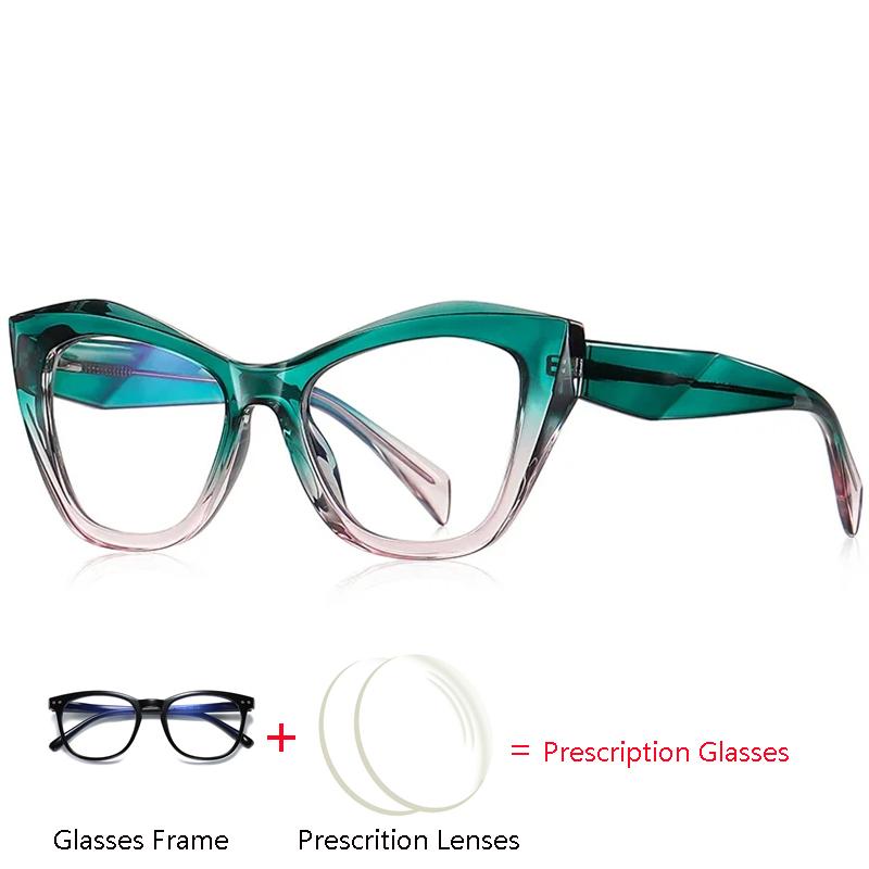 Green Pink Cat Eye Glasses Anti Blue Light Photochromic Myopia Progressive Prescription Eyeglasses With Recipe