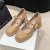 2025 Spring New High-heeled Women's Shoes British Style Buckle Small Leather Shoes Thick Heel Round Head Casual Mary Jane Shoes Women