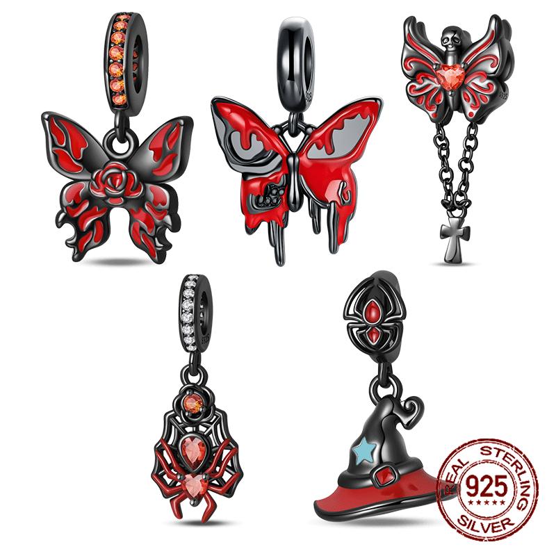Copper Metal Halloween Blood-Red Butterfly Rose Pendant Bead Component Gothic Charm Bead Component Compatible With Authentic Original Charm Bead