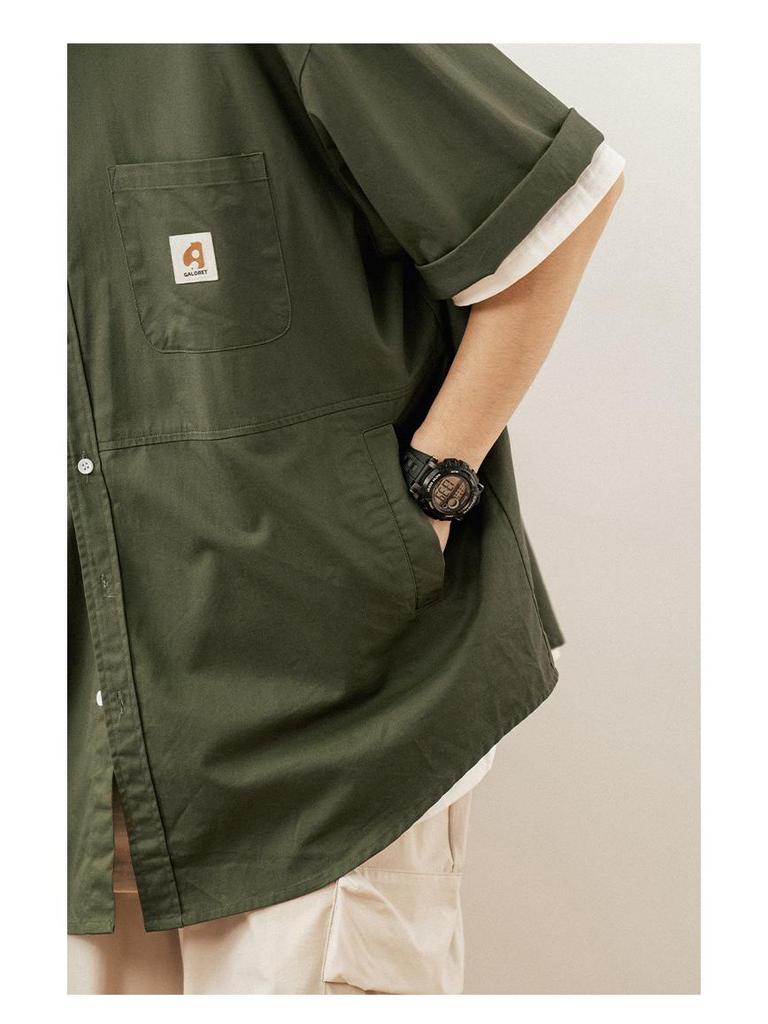 Hanlu Heren Japans Stijl Patchwork Kortmouw Werkkleding Shirt met Dubbele Zijzakken