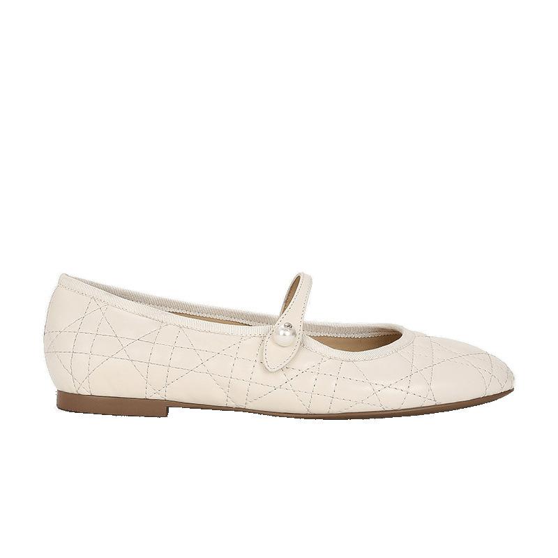 Shoes Soft Sheepskin Rhombus Pearl Buckle Flat Shoes Mary Jane Single Shoes Women