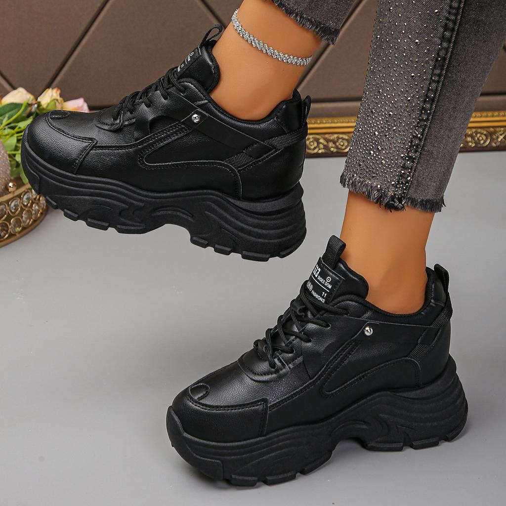 Damen Chunky Sneaker Weiß Schwarz Leder Plateau Sneaker für Damen Höhenvergrößernde Schuhe Dicke Sohle Freizeitschuhe Frau