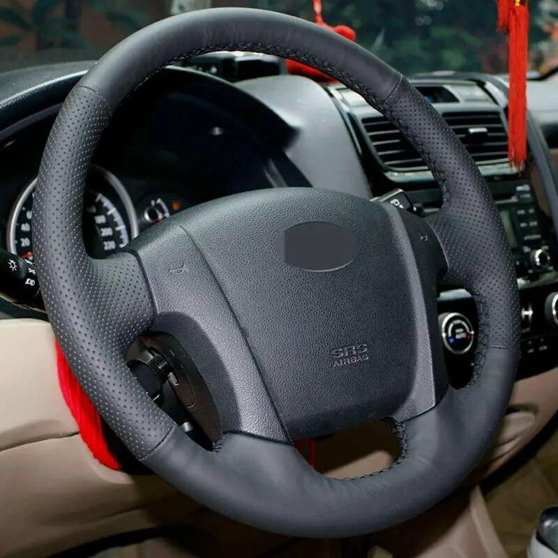 DIY Black Artificial Leather Steering Wheel Cover Hand-stitched Car Steering Wheel Covers for Kia Sportage 2 2005 - 2010