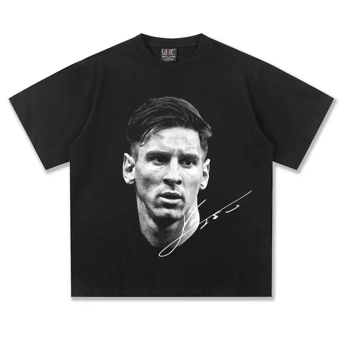 2025 Unisexs Short Sleeve Messi Messi American Football Head Vintage Print Fashion Loose Wash Heavy Short Sleeve Tshirt S