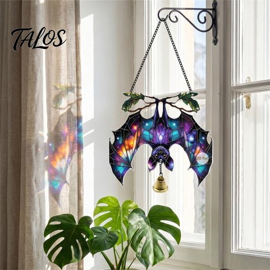 Vintage Window Pendant Halloween 2D Acrylic Decoration with Chain, Bell, Stained Glass Ghost Bat Bell Pumpkin Suncatcher Decor, Wall Hanging Ornament
