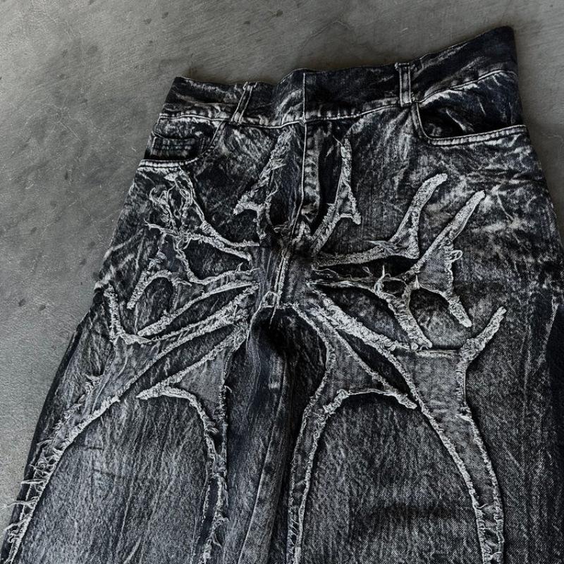 Gothic Retro Baggy Unisex Mopping Pants Y2K Phantom Jeans High Street Spider Embroidered Patch Hip Hop Streetwear Straight Jeans