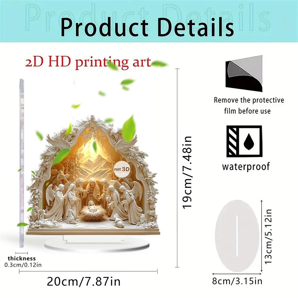 1pcs 2D Acrylic Desktop Christmas Decor - Jesus' Birth Scene Virgin Mary Angel Cartoon Color Print Christian Home Festive Gifts