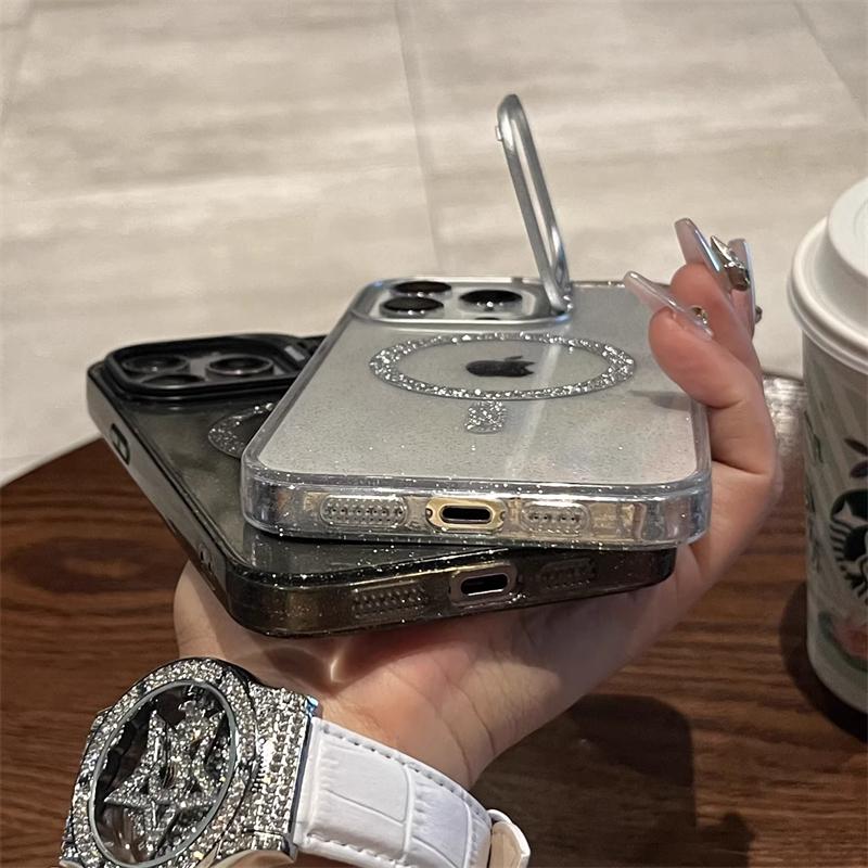 Für Magsafe Magnetisches Kabelloses Laden Glitzer Klare Hülle Für iPhone 15 14 13 12 11 Pro Max Kamera Faltbarer Halter Stoßfeste Hülle