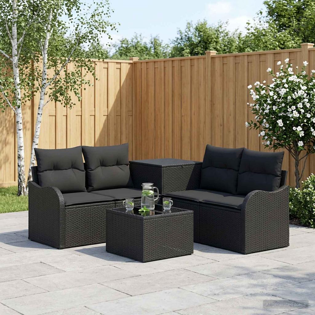 Sofa Set 6 pcs Black Poly Rattan and Steel
