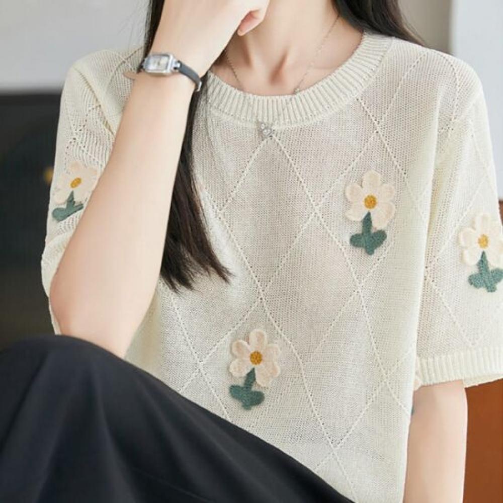 Navava Women S Diamond Flower Embroidery Round Neck ShorT Sleeve KniT T Nk3687
