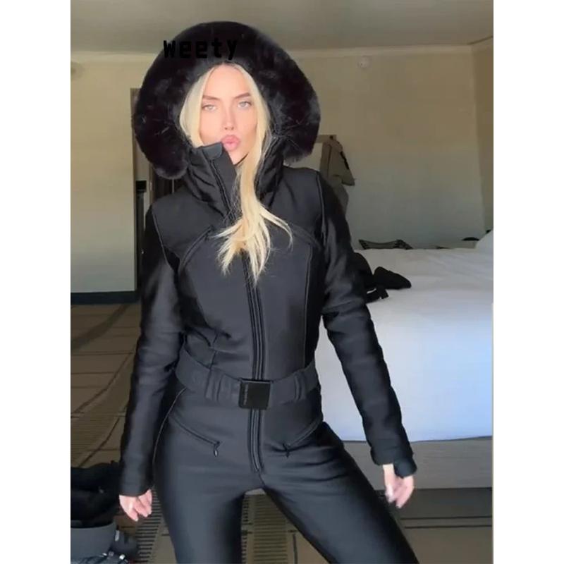 Tuta da Sci Intera con Cappuccio da Donna Slim Collo Alto Zip Vita Alta Monocolore Antivento Capospalla Invernale Abbigliamento da Sci da Donna