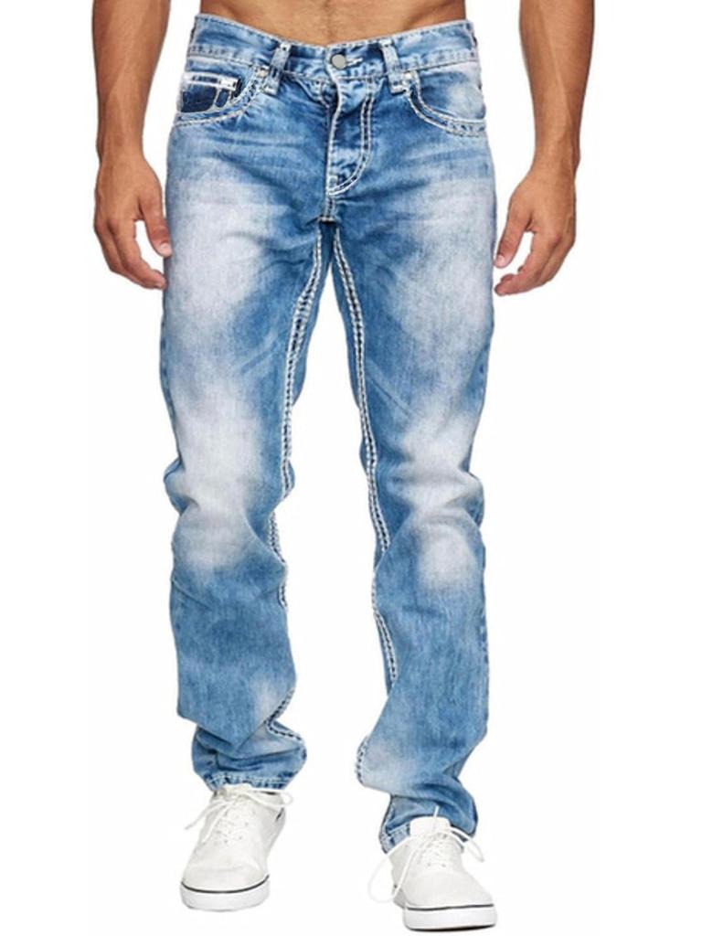 Pánske rovné džínsy z odreninového svetlomodrého a tmavomodrého a čierneho denimu s bielym prešívaním