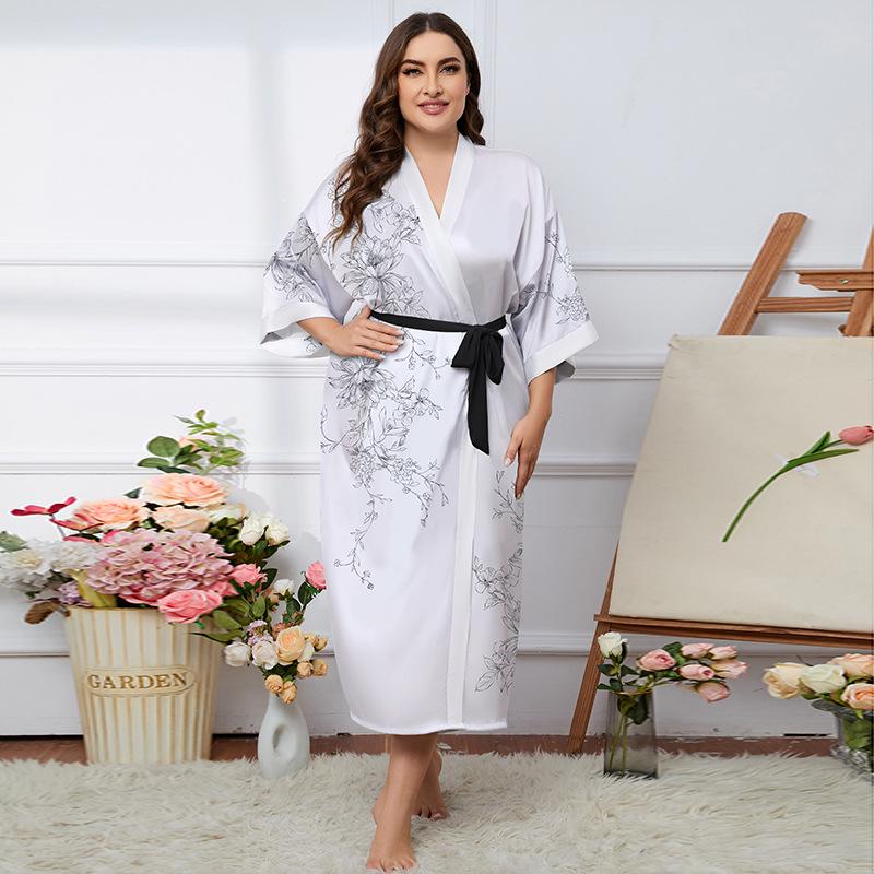 Übergröße Satin Sommer Pyjama & Bademantel Set für Damen - Leichter Luxus Eisseide