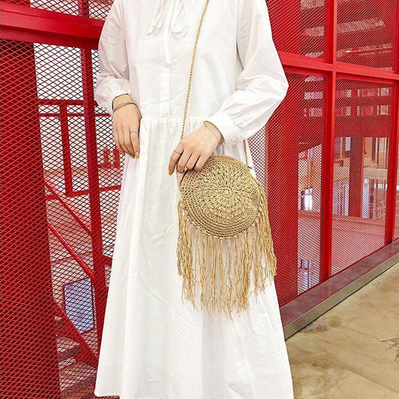 Yogodlns Fashion Round Hand-woven Woman Shoulder Bag Summer Travel Shopping Straw Beach Bags Tassels Female Small Messenger Bag
