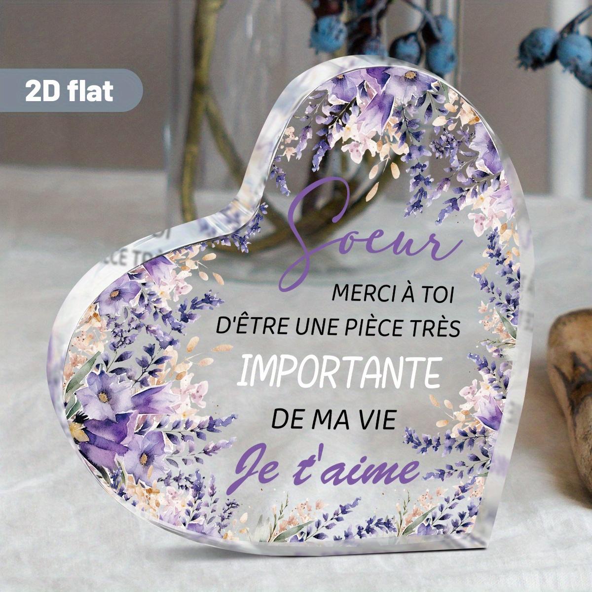 

2D Flat Heart-Shaped Acrylic Decorative Plaque with French Sister Quote & Lavender Floral Design - Elegant Desk Decor for Sister Gifts, Graduation, 10*10cm