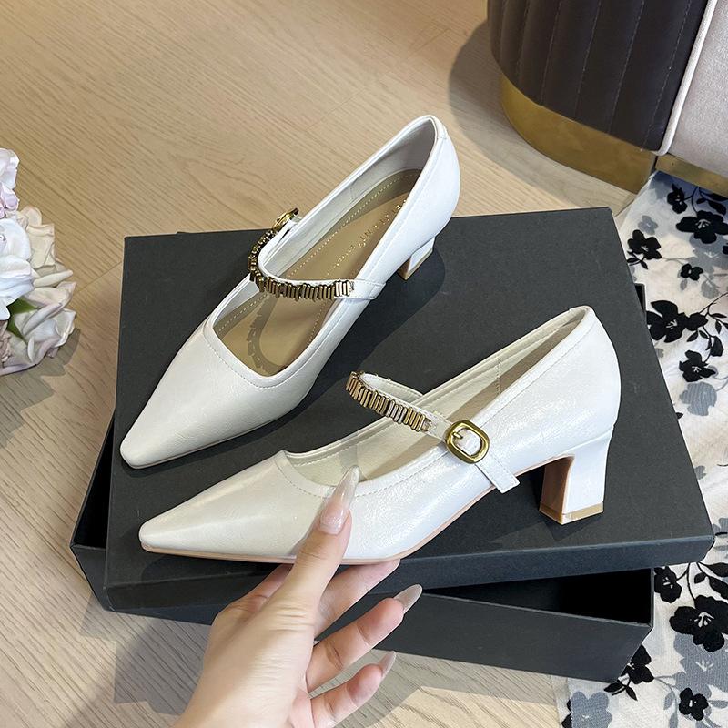 Retro chain word with versatile square head temperament high heels women's thick heel single shoes spring and autumn