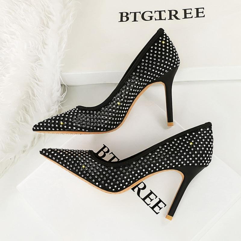 Women'S Pumps And Heels Rhinestone Mesh High Heels For Women Pointed Toe Light Luxury Dress Wedding Shoes Stiletto Single Shoes