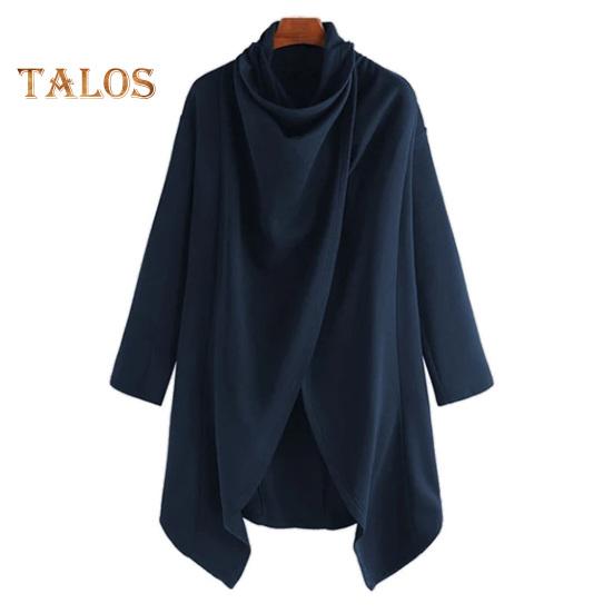 Men Cloak Coat High Collar Long Sleeve Street Style Windbreaker Solid Color Irregular Hem Mid-Length Outwear Punk Style Winter Outerwear