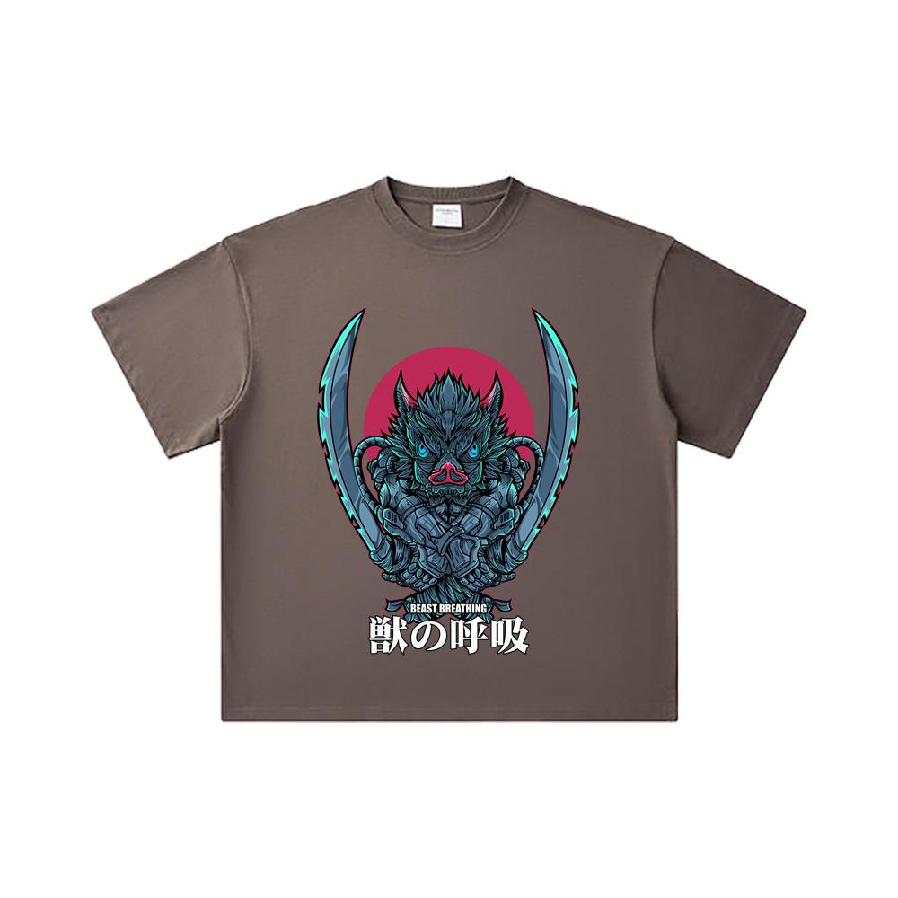 260 GSM Double Yarn 32 Count 100% Cotton Demon Slayer V29 Inosuke Print Unisex Heavy Cotton T Shirt