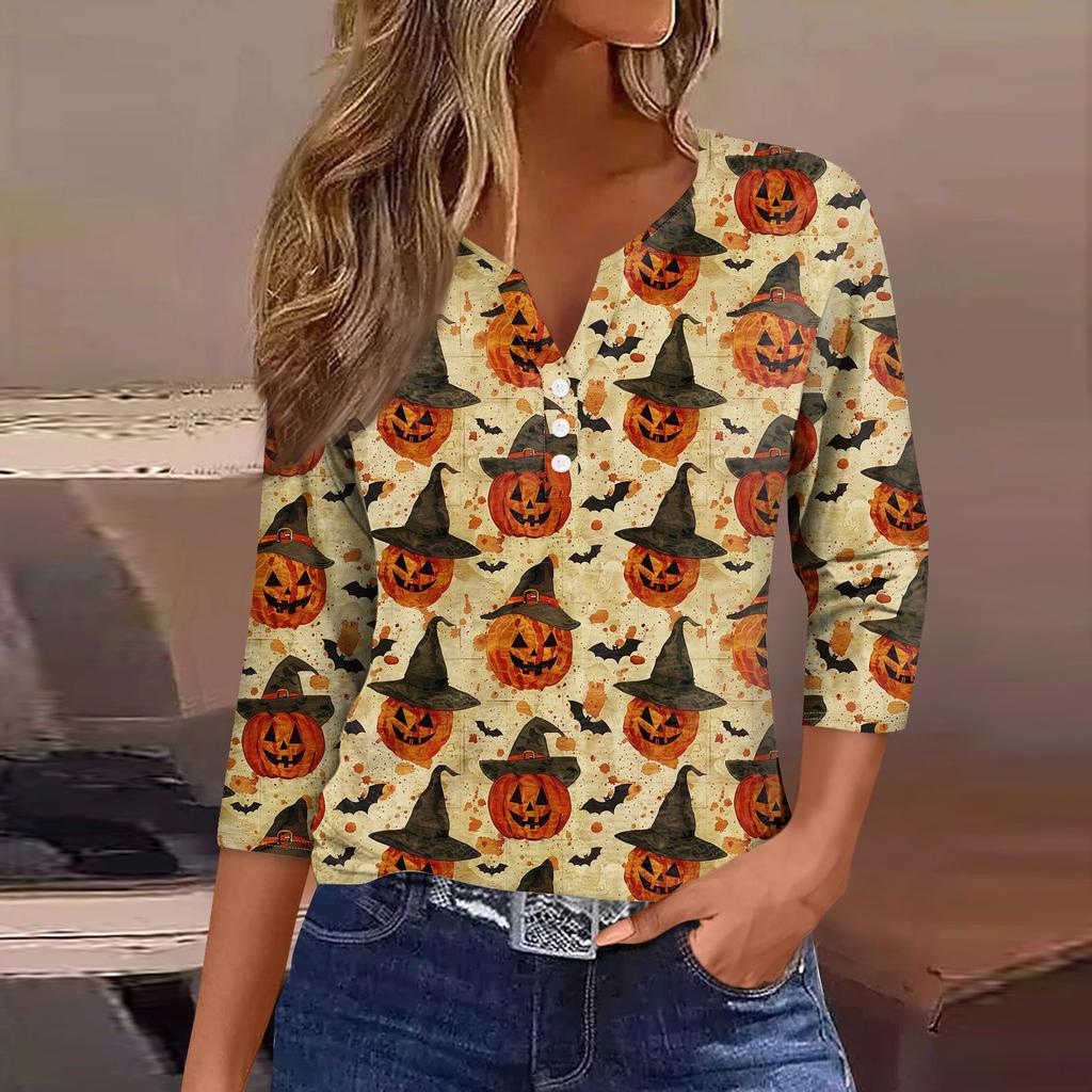 Women's Fashion Casual Halloween Printed V.Neck Short Sleeve Decorative Button Three.quarter Sleeve T-shirt Tor
