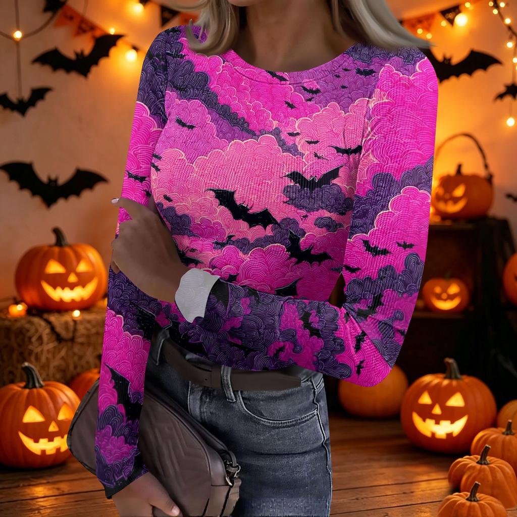 Women's Casual Long Sleeve Ribbed Top Crew Neck Halloween Print Slim Fit Stretchy Lightweight Shirt for Everyday Wear