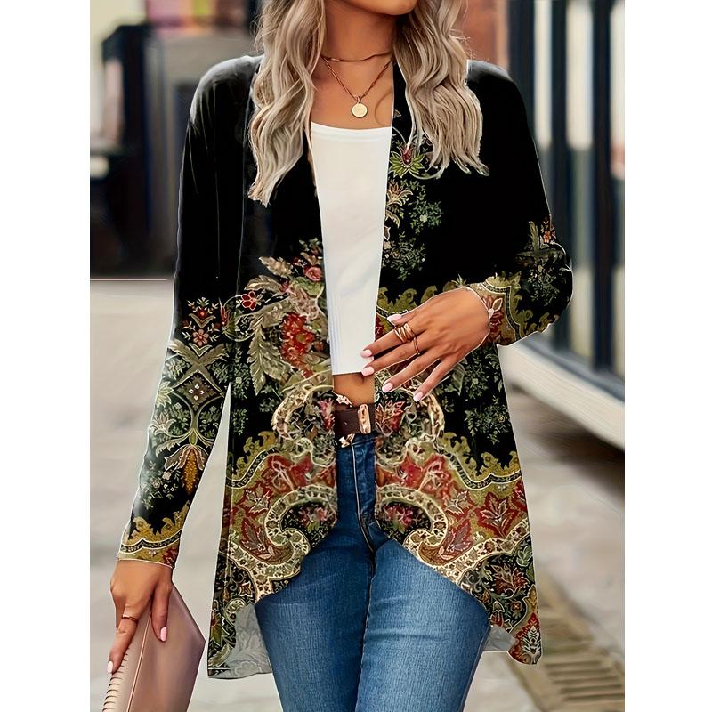 Women's Fall and Winter Fashion Casual Printed Long Sleeve Mid-Length Cardigan Jacket