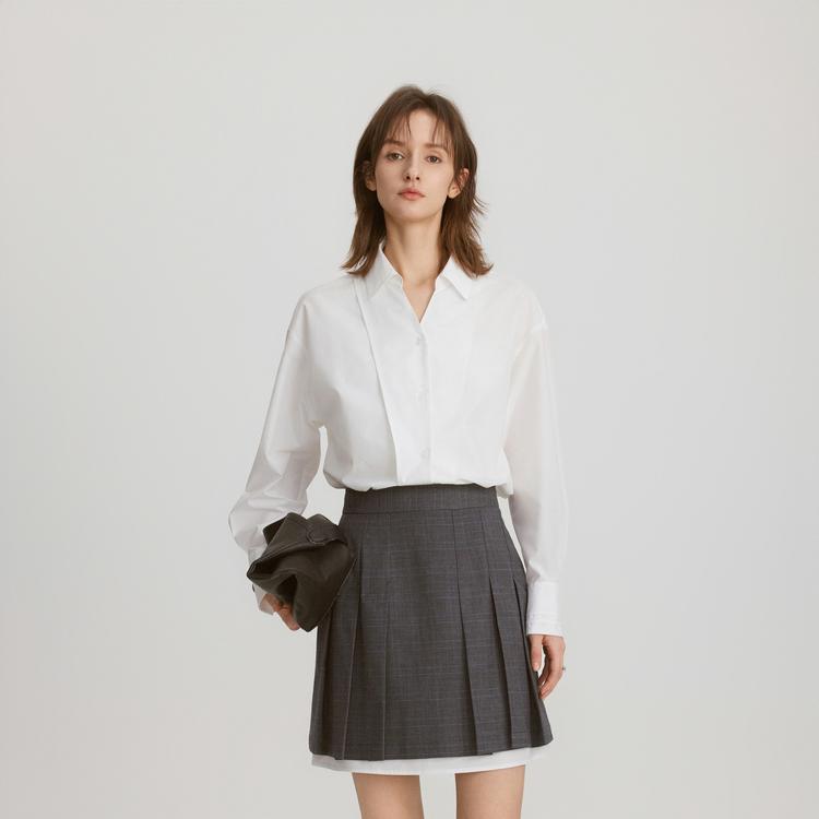 ELLE Plaid High-Waisted Pleated Casual Skirt Women skirts Medium-Gray ER47439-1