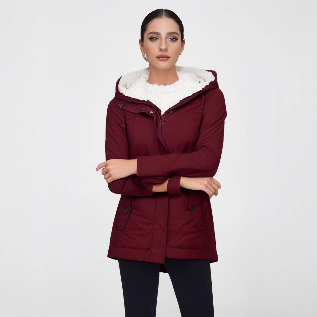 Women's Hooded Sherpa Lined Midi Coat Solid Color Zip Up Warm Winter Casual Outerwear Jacket