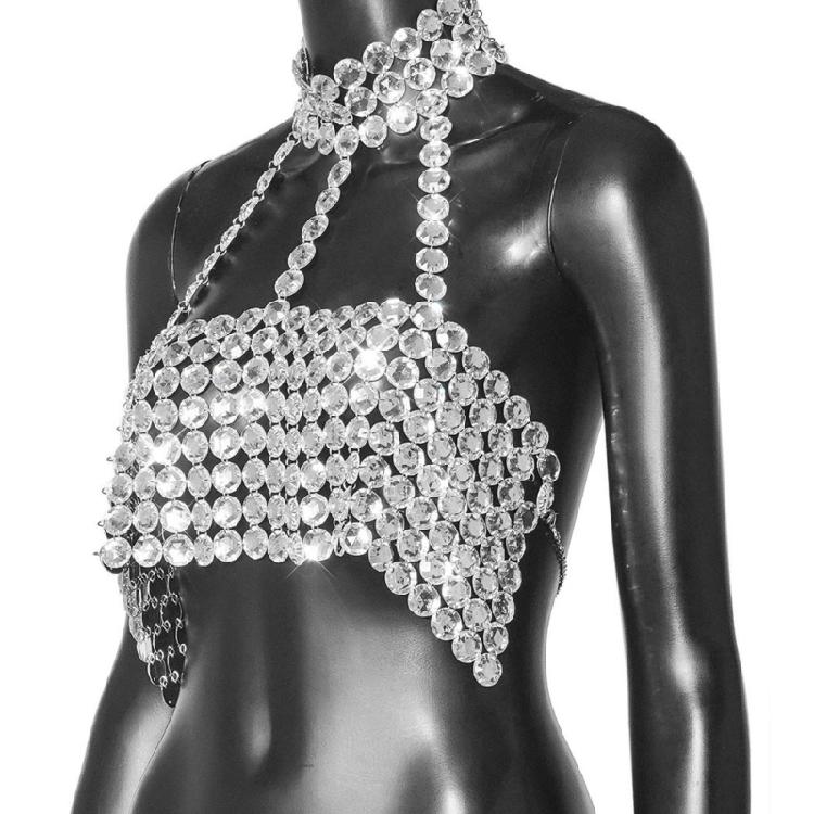 Rhinestones Diamond Body Chain Bra for Women Crystal Backless Chest Chain Halterneck Mesh Crop Top Harness Body Jewelry