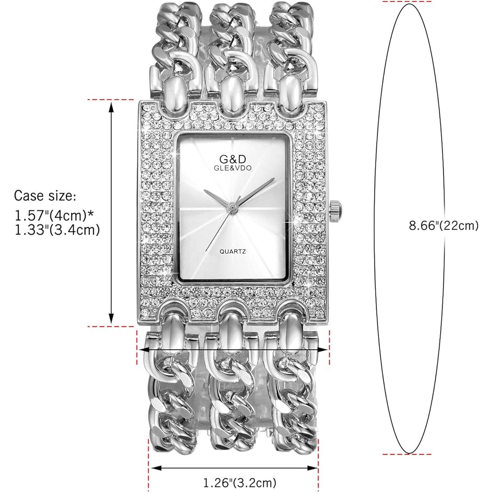 "Japanese Quartz Women's Hip Hop Square Watch with Diamond, Waterproof, Chain Band, Analog Display, Gold and Silver Fashion Accessory"