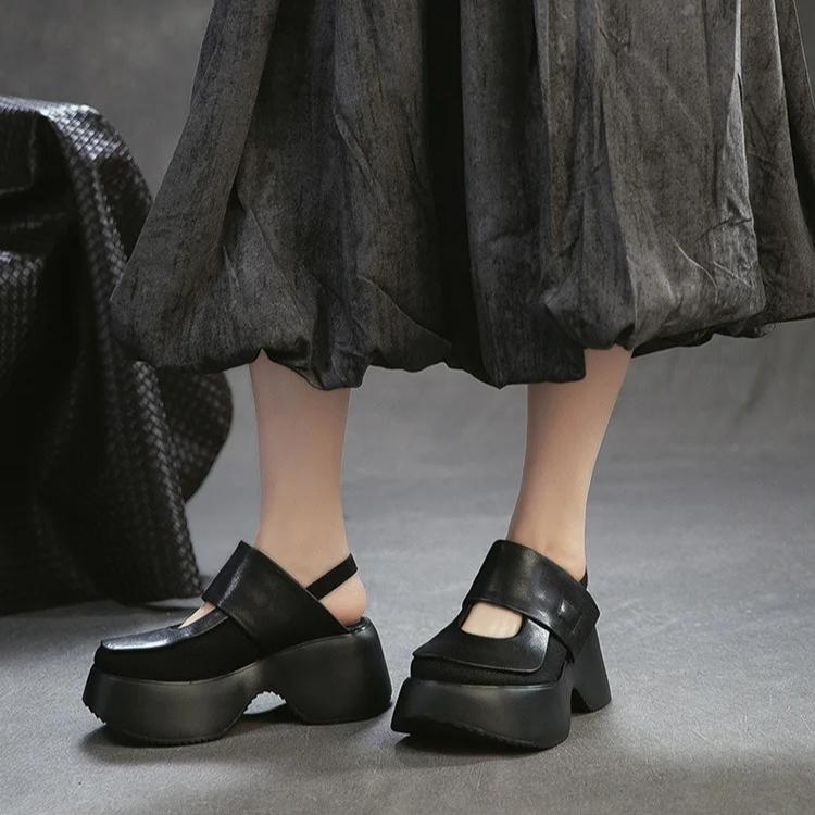 Johnature Sandale Retro cu Vârf Rotund și Talpă Groasă Versatile din Piele Naturală cu Toc Gros Pantofi cu Platformă pentru Femei